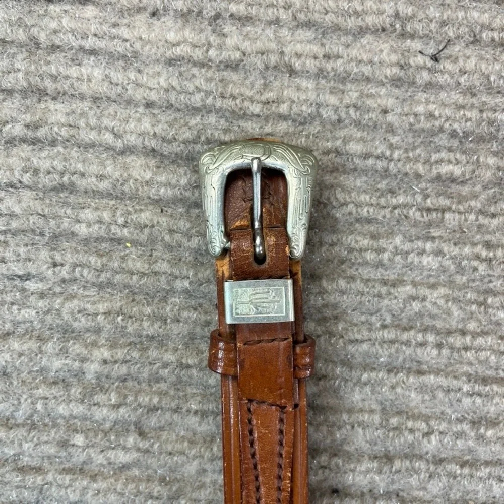 Vintage Western Floral Tooled Brown Leather Ranger Belt Silver Engraved Hardware